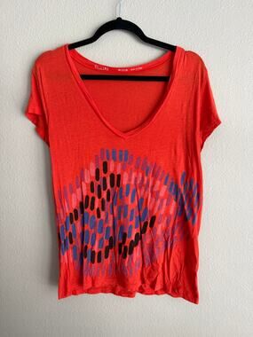 Hi-Line Womens Sz M Deep V Neck Tee Lightweight Cotton Blend Orange Brush Print